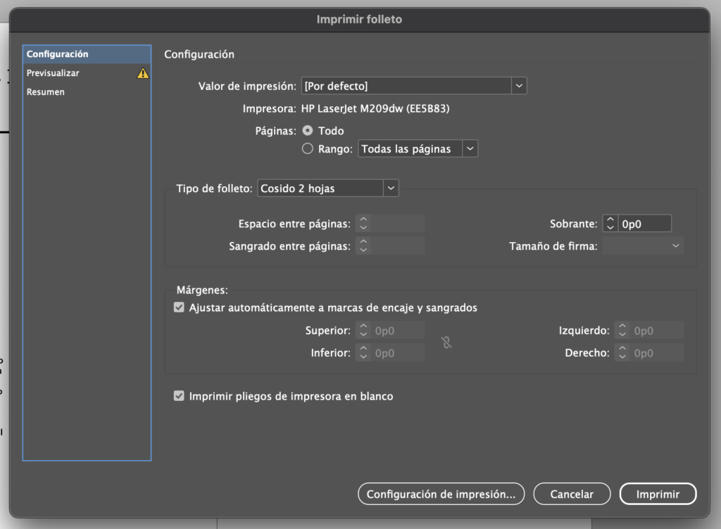 Pantalla de configuración de impresión de folleto en Adobe InDesign
