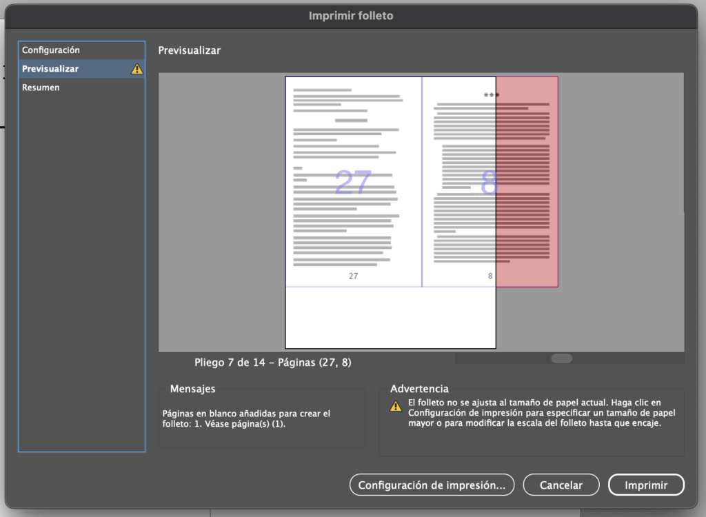 Pantalla de configuración de impresión de folleto en Adobe InDesign