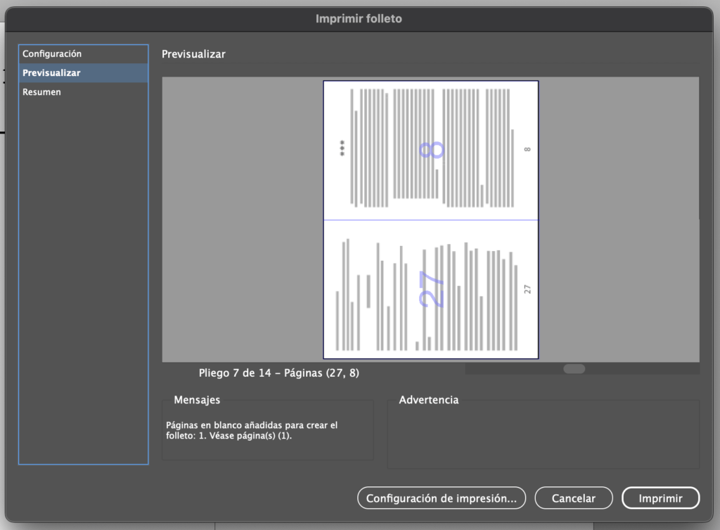 Pantalla de configuración de impresión de folleto en Adobe InDesign