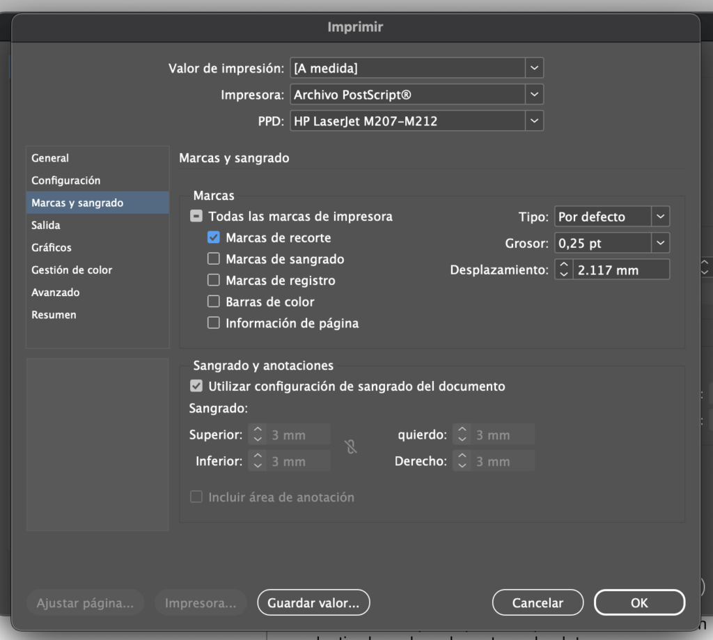 Pantalla de configuración de impresión de folleto en Adobe InDesign
